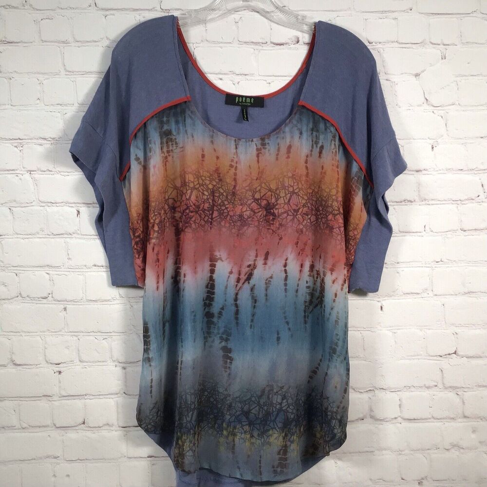 Poeme Citron Colorful Chiffon Panel Short Sleeve Blouse Womans Large Scoop Neck